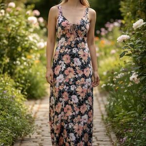 SO Floral Maxi Dress Black Multicolor Side Slit Sleeveless Boho Sun Dress Sz S